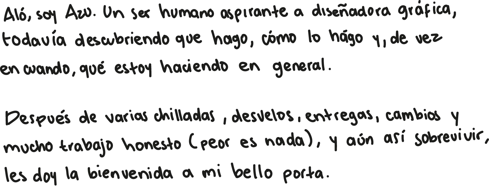 Aló, soy Azu. Un ser humano aspirante a diseñadora gráfica, todavía descubriendo qué hago, cómo lo hago y, de vez en cuando, qué estoy haciendo en general. Después de varias chilladas, desvelos, entregas, cambios y mucho trabajo honesto (peor es nada), y aún así sobrevivir, les doy la bienvenida a mi bello porta.